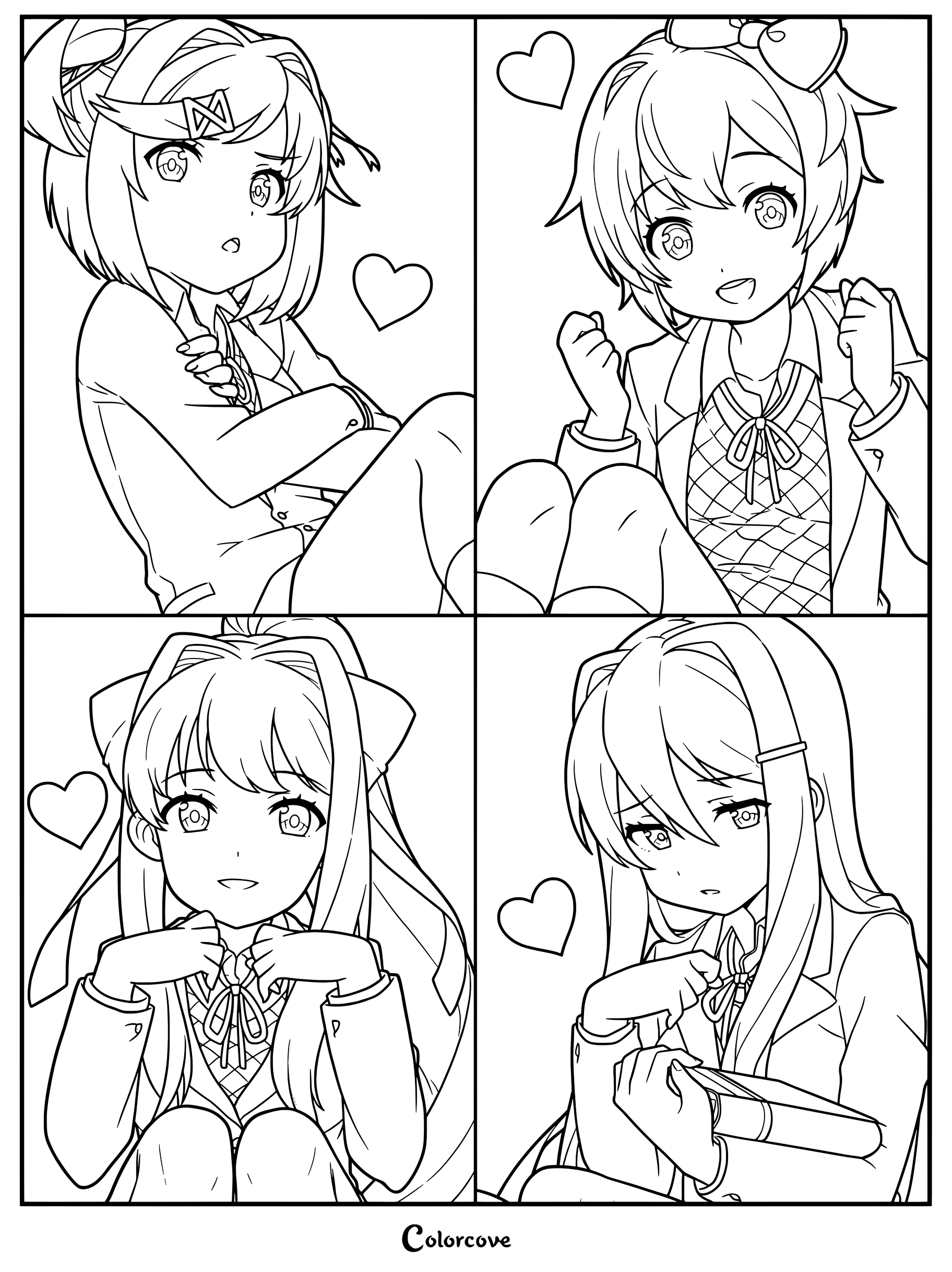 Dibujo para colorear de Doki Doki Literature Club con Natsuki (arriba a la izquierda), Sayori (arriba a la derecha), Monika (abajo a la izquierda) y Yuri (abajo a la derecha) en un adorable estilo de arte chibi.