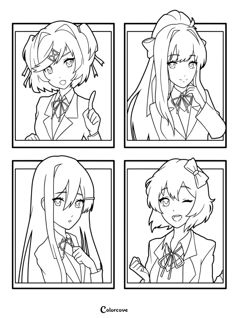 Une page de coloriage Doki Doki Literature Club mettant en scène Natsuki, Monika, Yuri et Sayori.