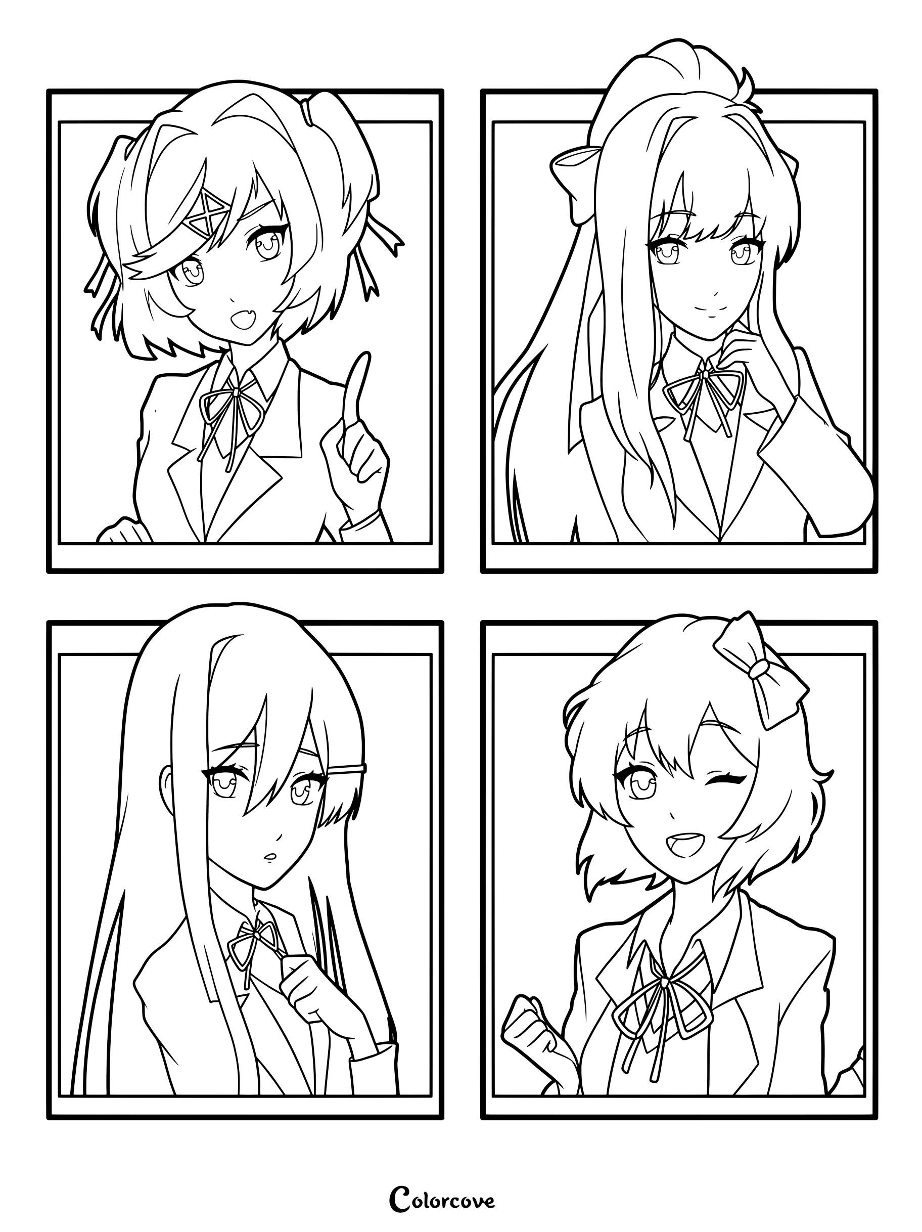 Un dibujo para colorear de Doki Doki Literature Club que presenta a Natsuki, Monika, Yuri y Sayori.