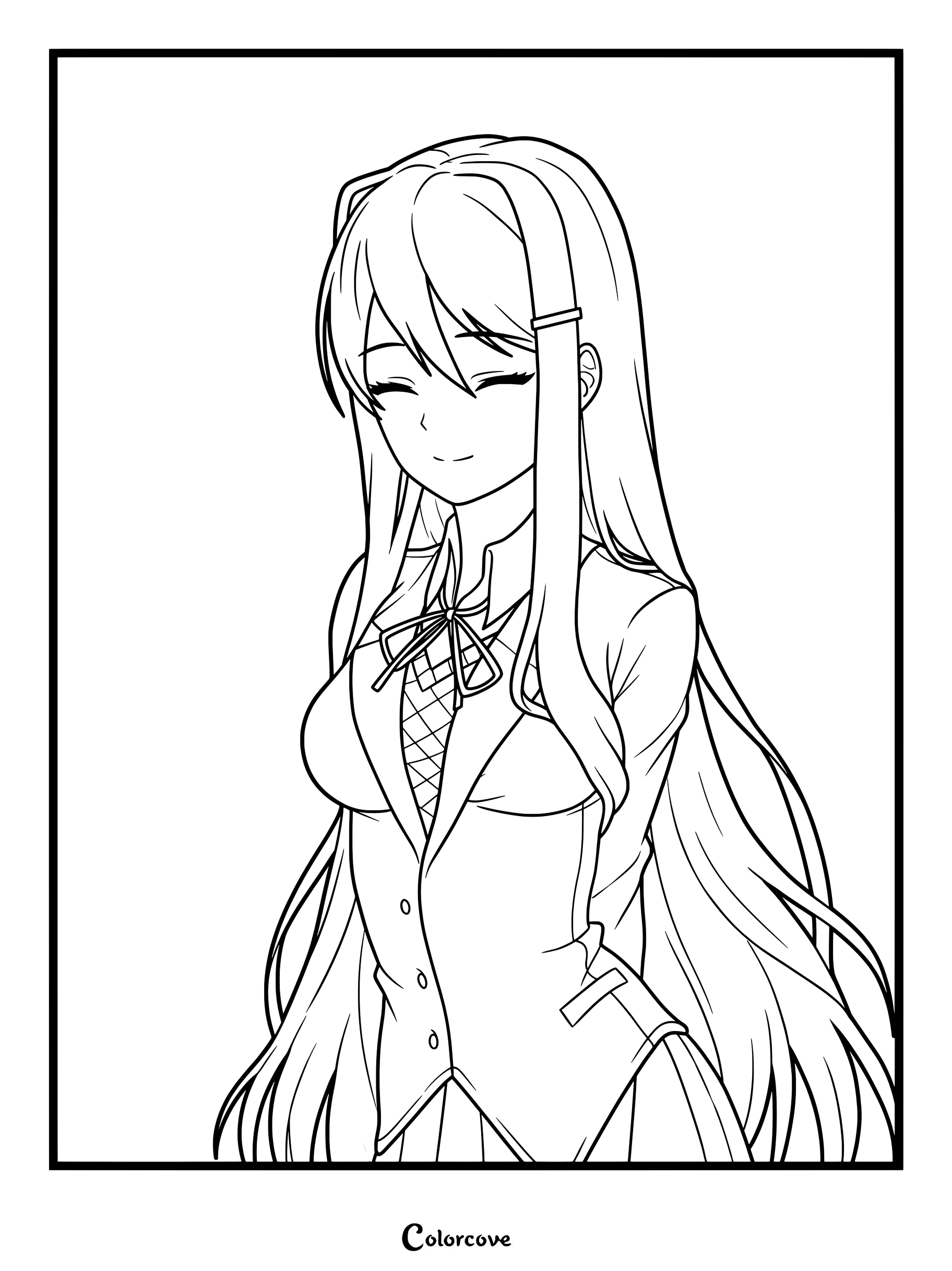 Yuri sonriendo suavemente con los ojos cerrados, con su largo cabello morado y uniforme escolar en un dibujo para colorear de Doki Doki Literature Club.