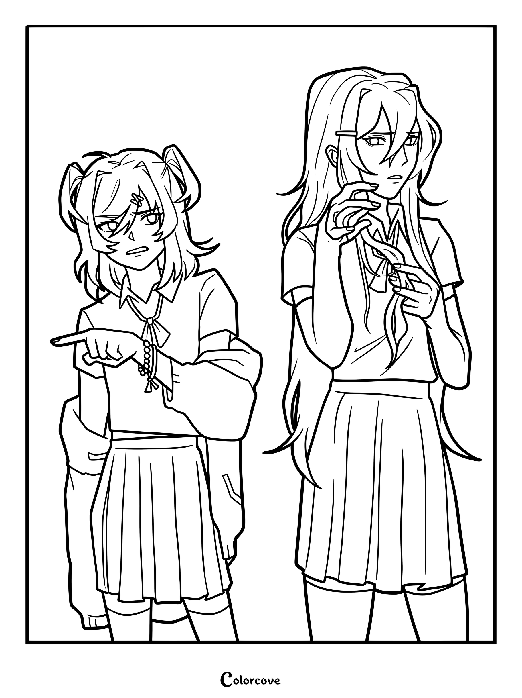 Un dibujo para colorear de Natsuki y Yuri de Doki Doki Literature Club! con conjuntos y accesorios para el cabello intercambiados.