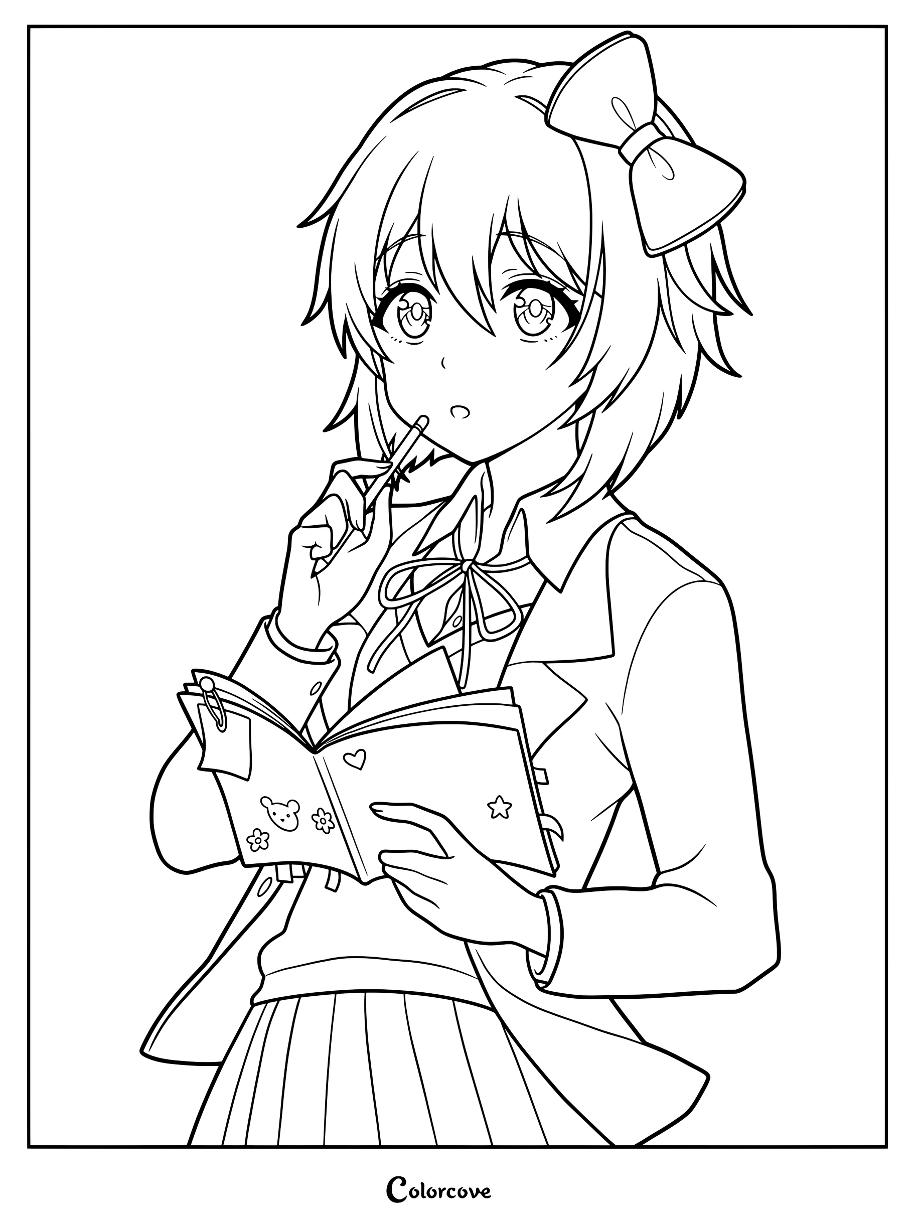 Dibujo para colorear de Sayori de Doki Doki Literature Club sosteniendo un cuaderno decorado y mordiendo un lápiz con un lazo en el pelo.