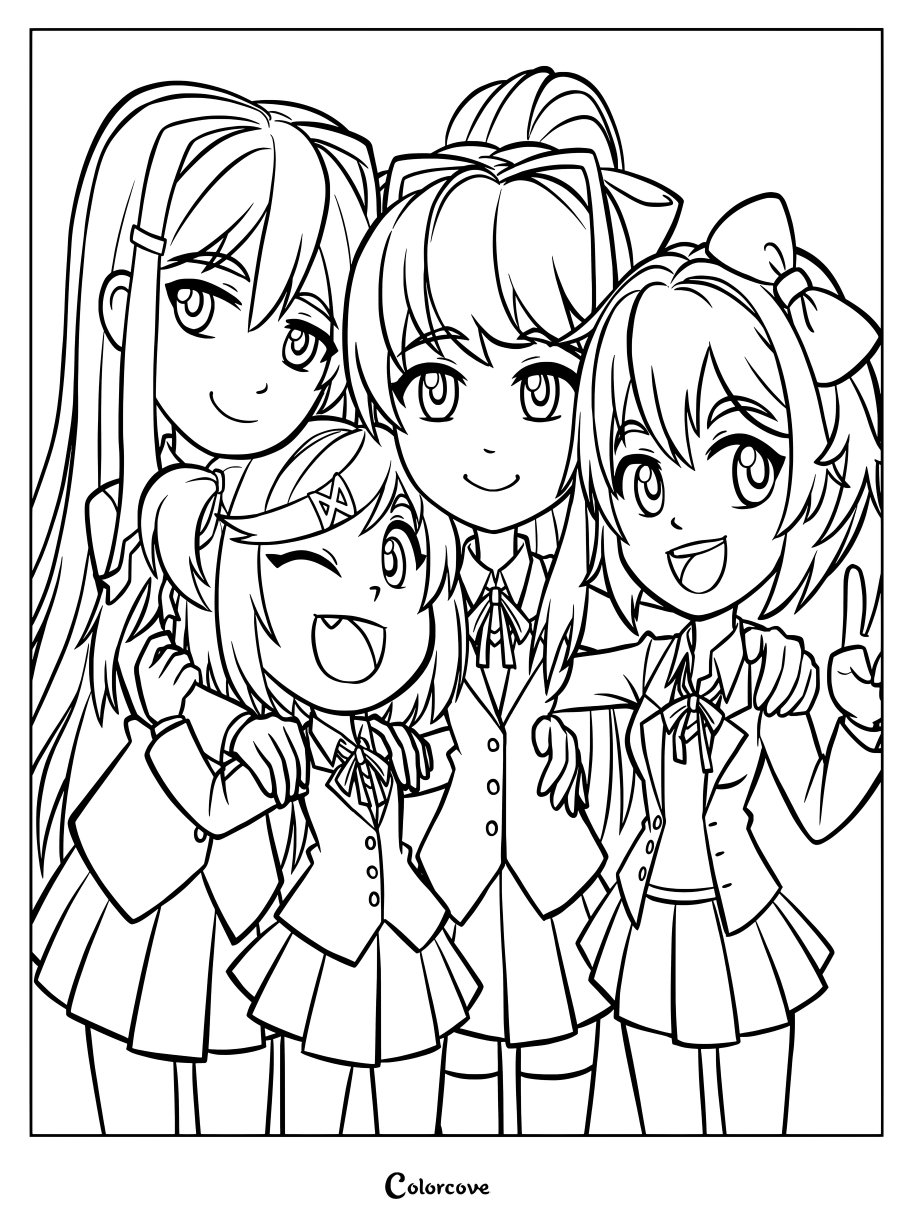 Dibujo para colorear de Doki Doki Literature Club que presenta un fan art grupal de los personajes principales juntos.