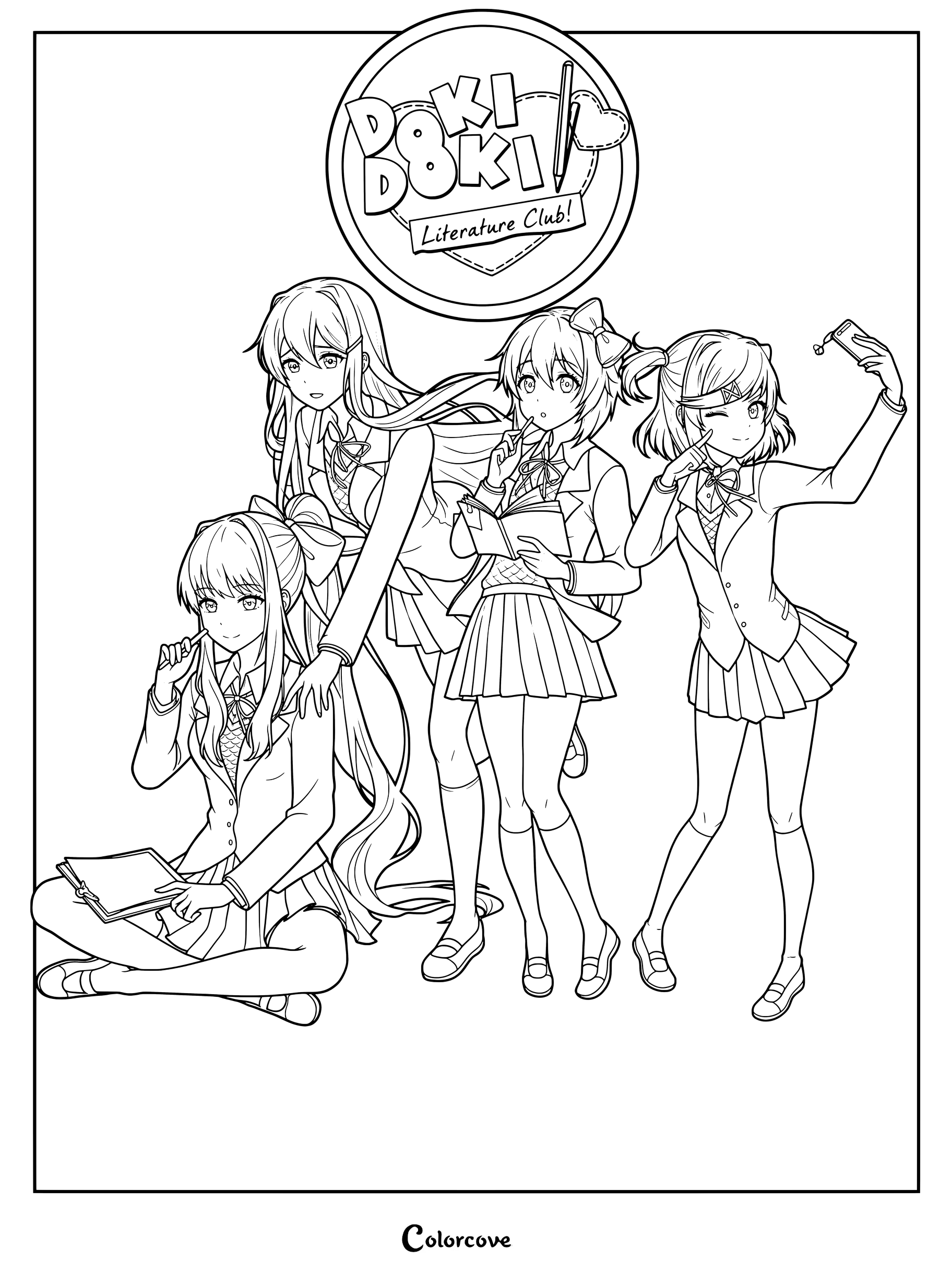 Dibujo para colorear imprimible que muestra a los cuatro personajes principales de la novela visual de terror psicológico Doki Doki Literature Club posando juntos.