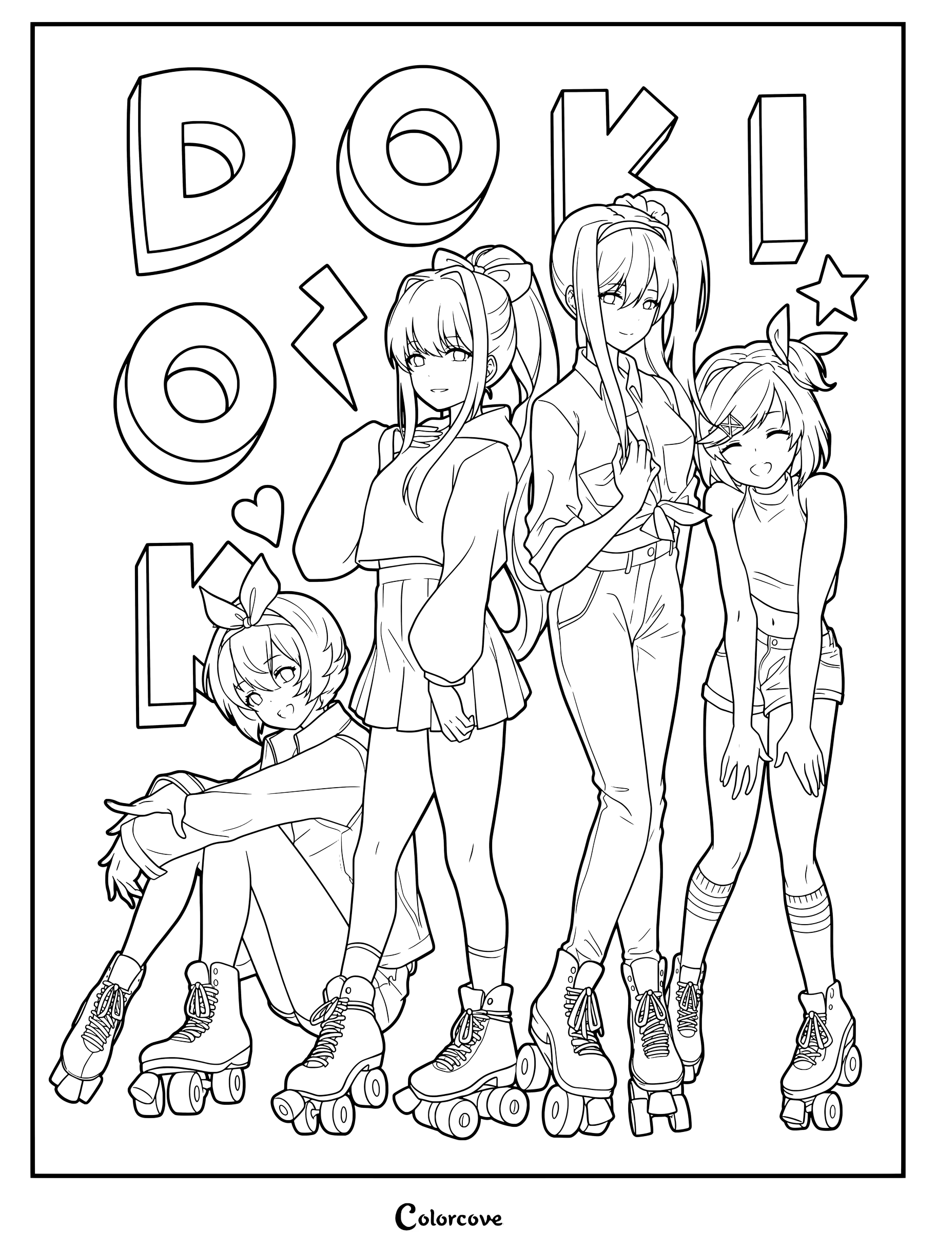 Un dibujo para colorear imprimible de Doki Doki Literature Club que muestra a los cuatro personajes principales vestidos con atuendos informales y retro de patinaje sobre ruedas.