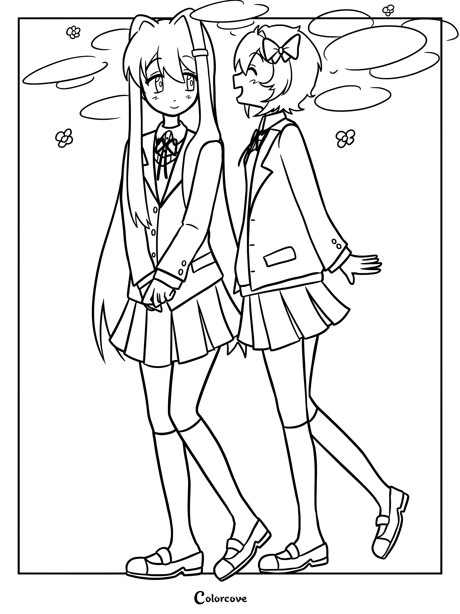 Dibujo para colorear imprimible con Yuri y Sayori de la novela visual Doki Doki Literature Club! representadas con uniformes escolares y un estilo de arte abocetado y dibujado a mano.