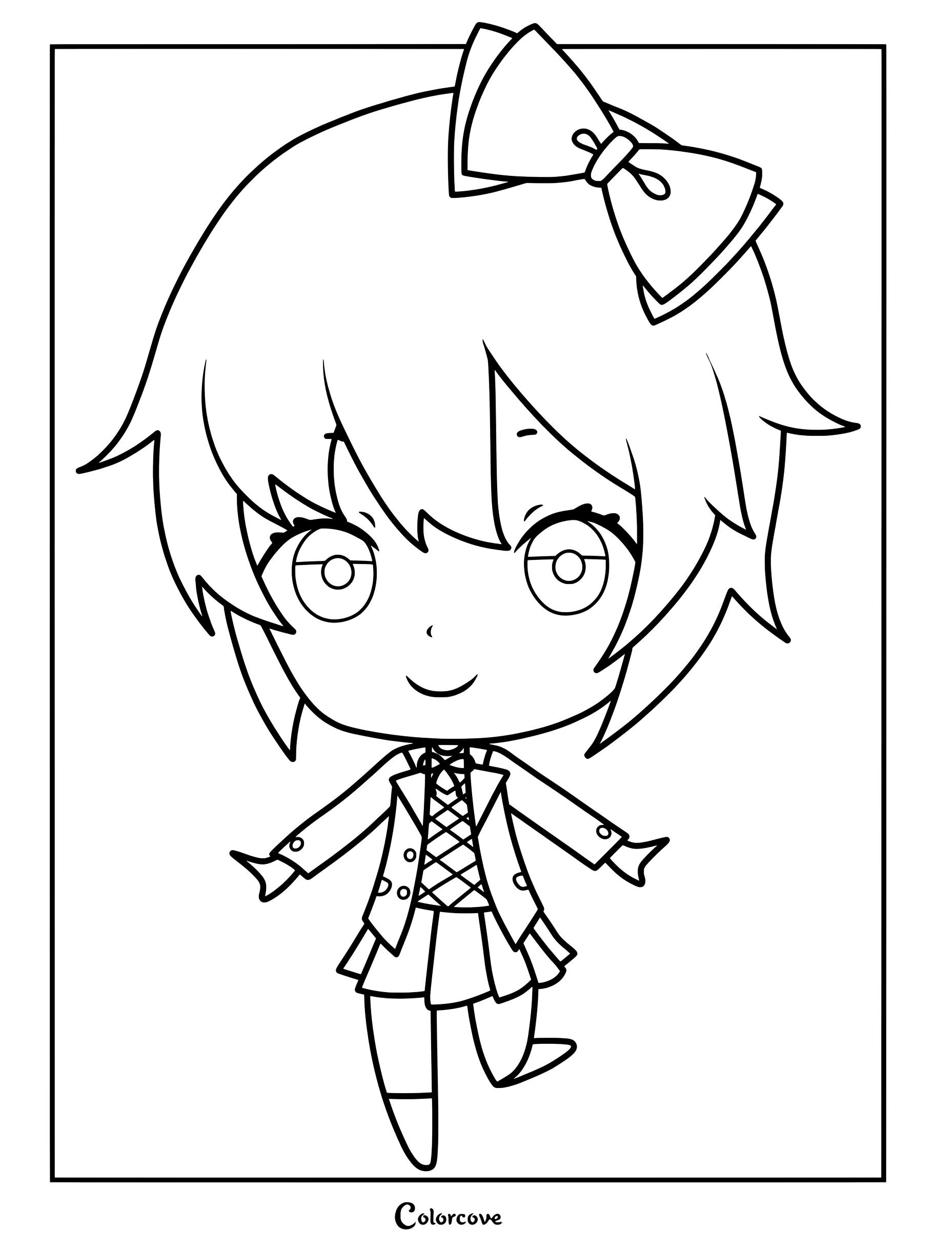 Dibujo para colorear de la chibi Sayori de Doki Doki Literature Club con su gran lazo y uniforme escolar.