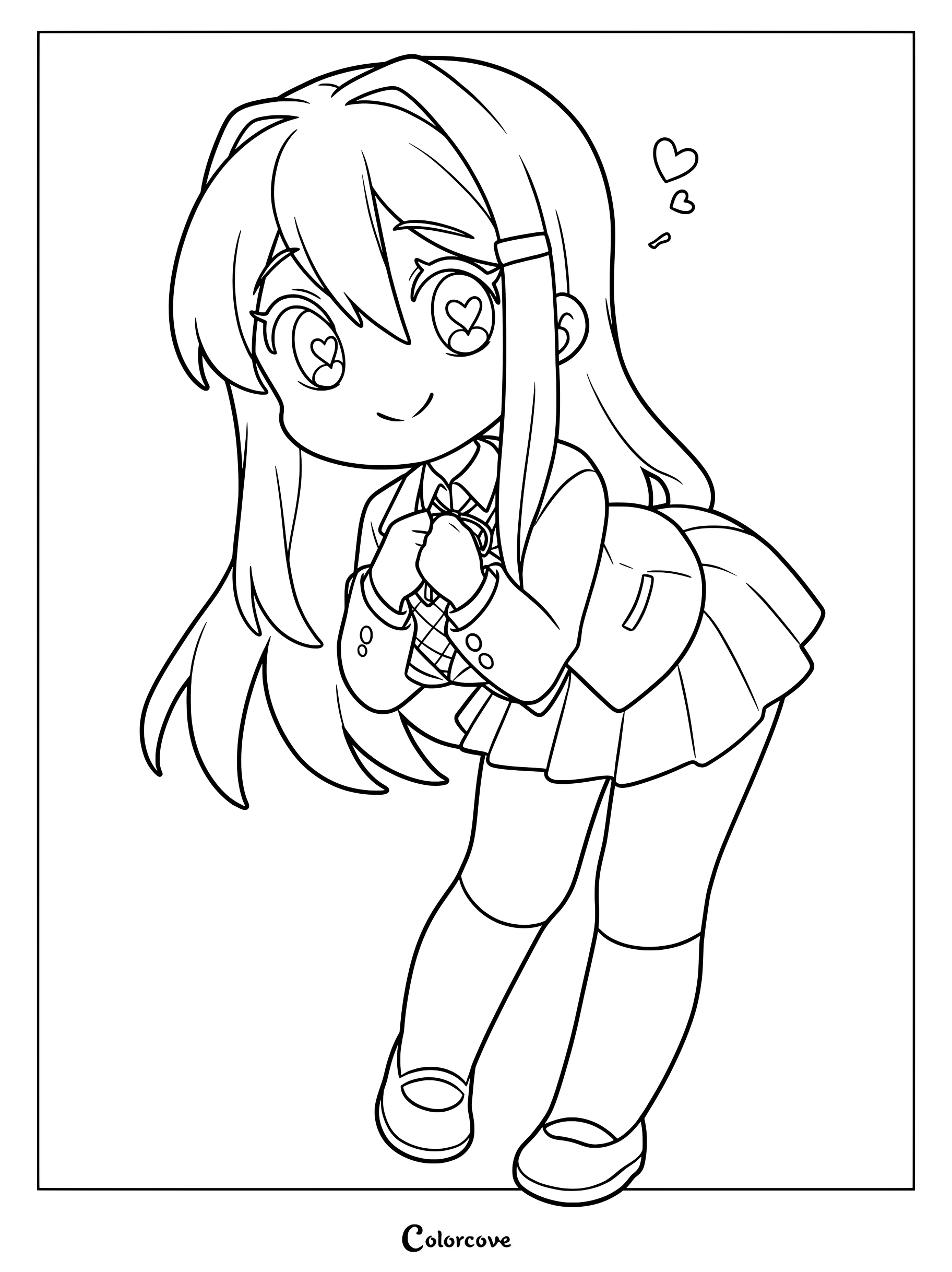 Dibujo para colorear de Yuri de Doki Doki Literature Club con una chica anime chibi con reflejos en los ojos en forma de corazón y cabello largo.