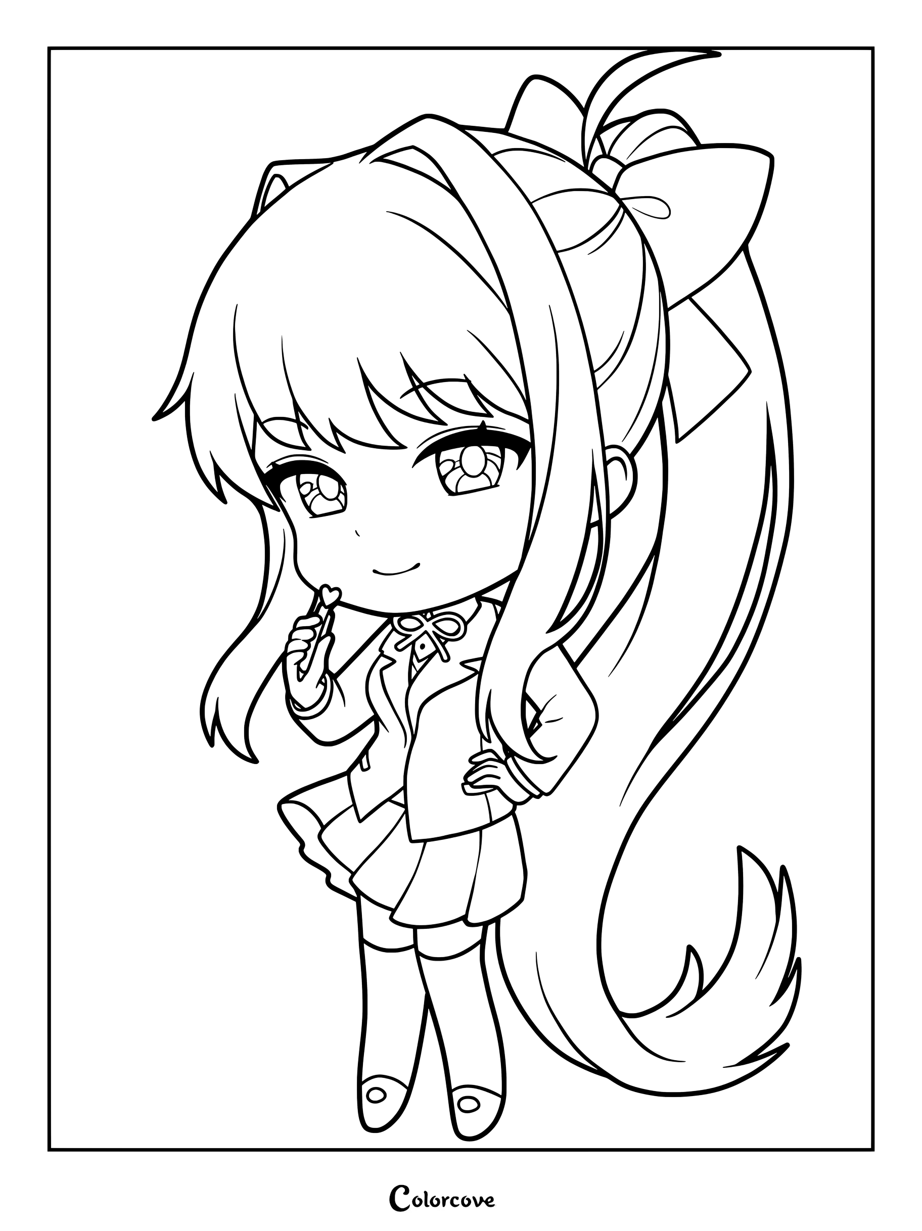 Un dibujo para colorear imprimible de una ilustración estilo chibi de Monika del videojuego Doki Doki Literature Club! sosteniendo un pequeño dulce.