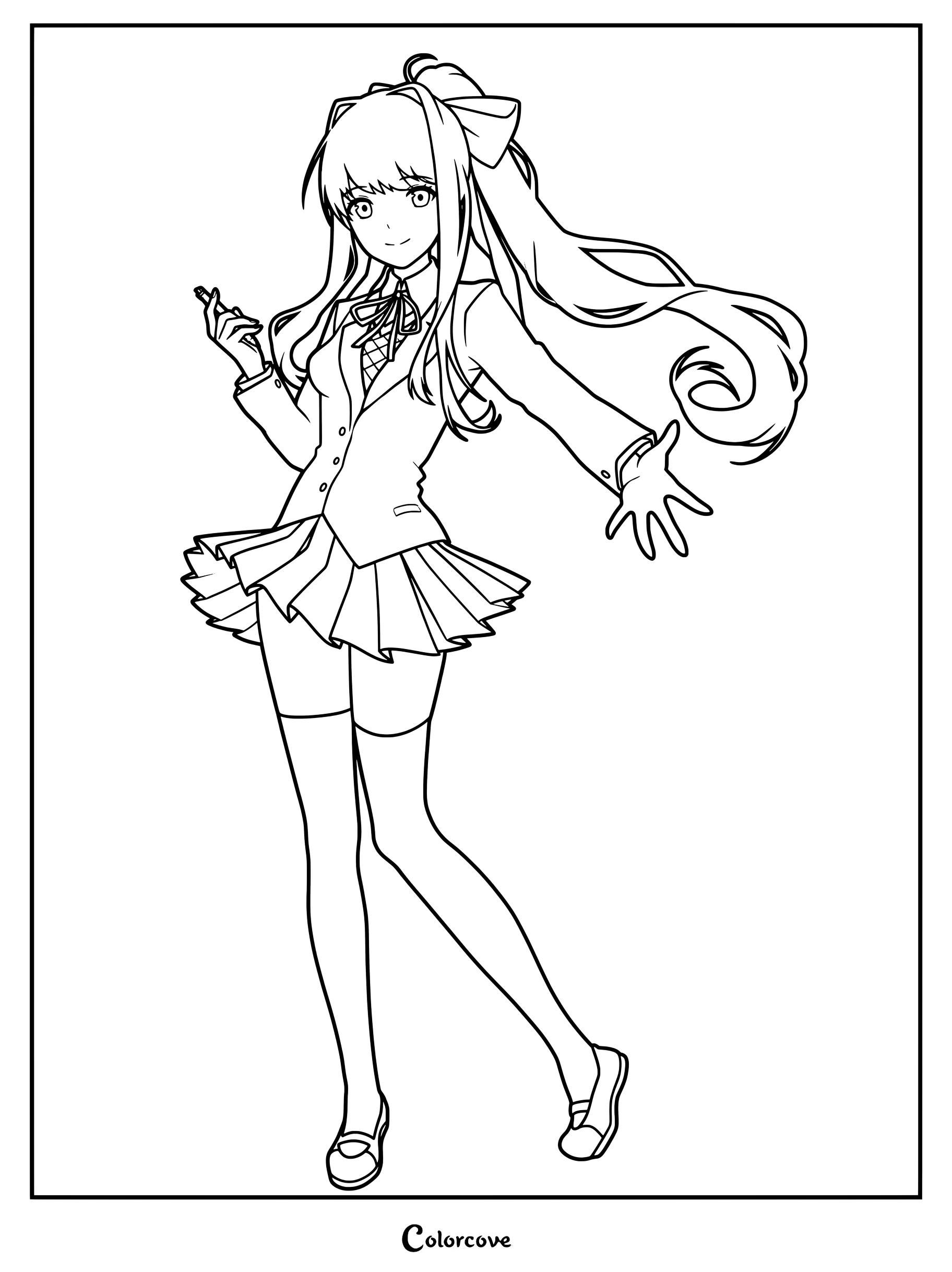 Dibujo para colorear de Monika de Doki Doki Literature Club que muestra su uniforme y postura característicos.