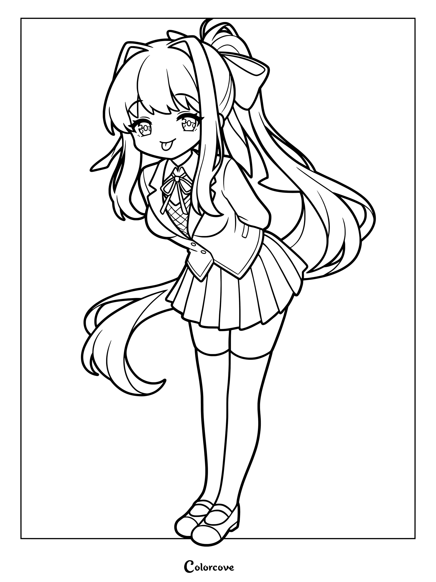 Dibujo para colorear de Monika que la muestra de la novela visual Doki Doki Literature Club! dibujada en un estilo de arte divertido e inspirado en el estilo chibi.