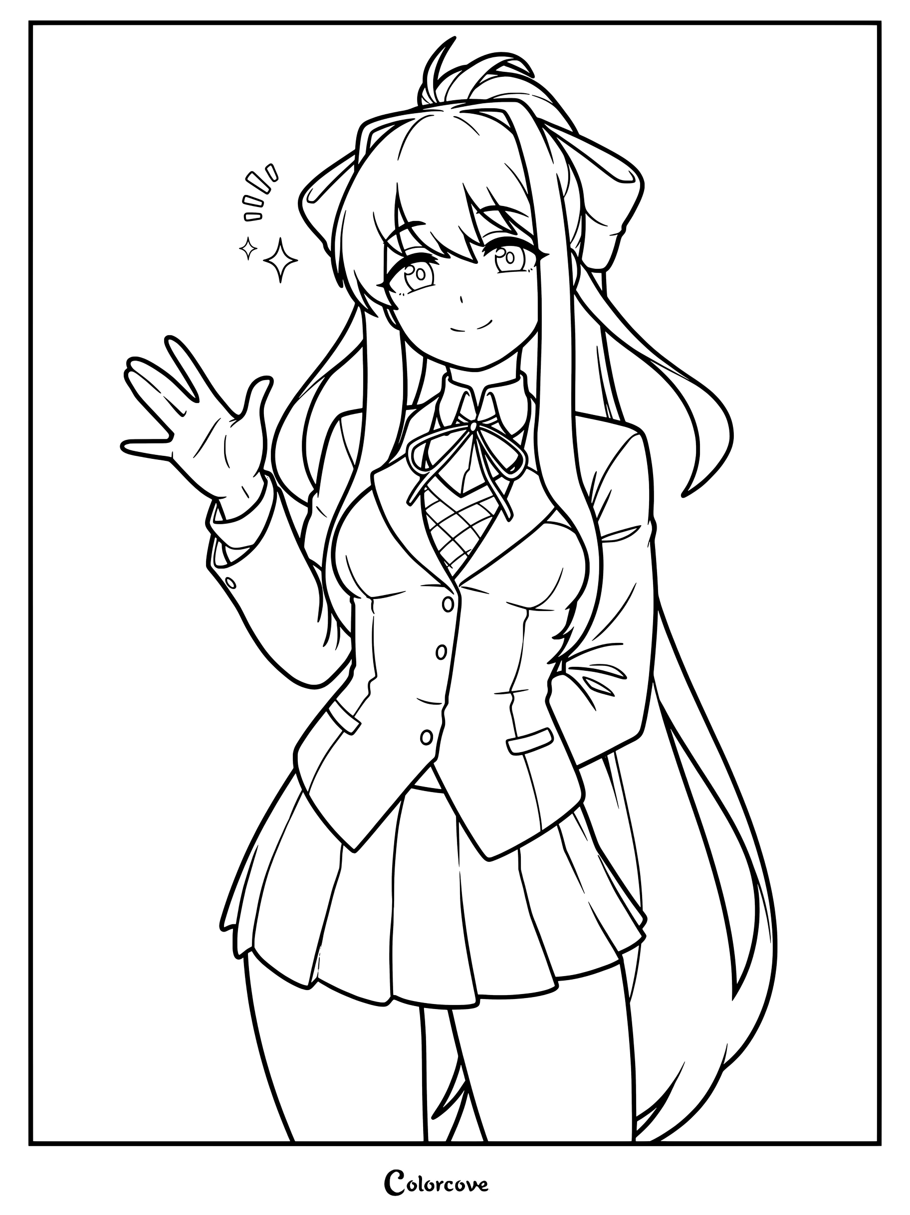 Dibujo para colorear de Monika de Doki Doki Literature Club que la presenta saludando con una sonrisa alegre.