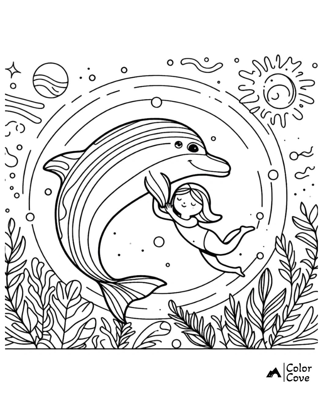 a coloring page of a dolphin and a girl