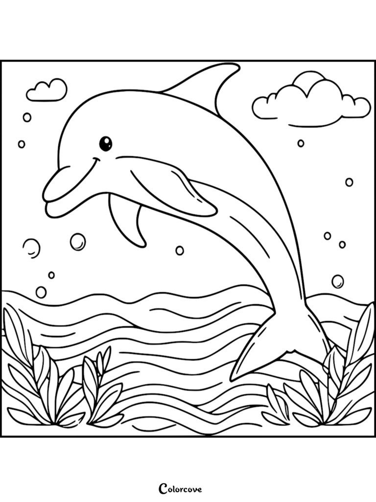 Un adorable delfín saltando fuera de las olas del océano con nubes en el cielo, presentado en una hoja de página para colorear imprimible gratuita 11.
