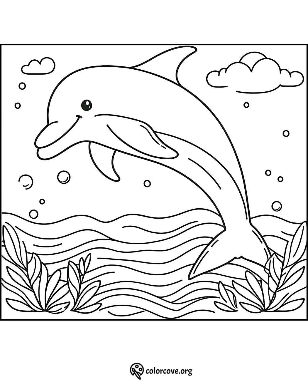 Coloring page of a happy dolphin jumping above ocean waves with plants and clouds in the background.