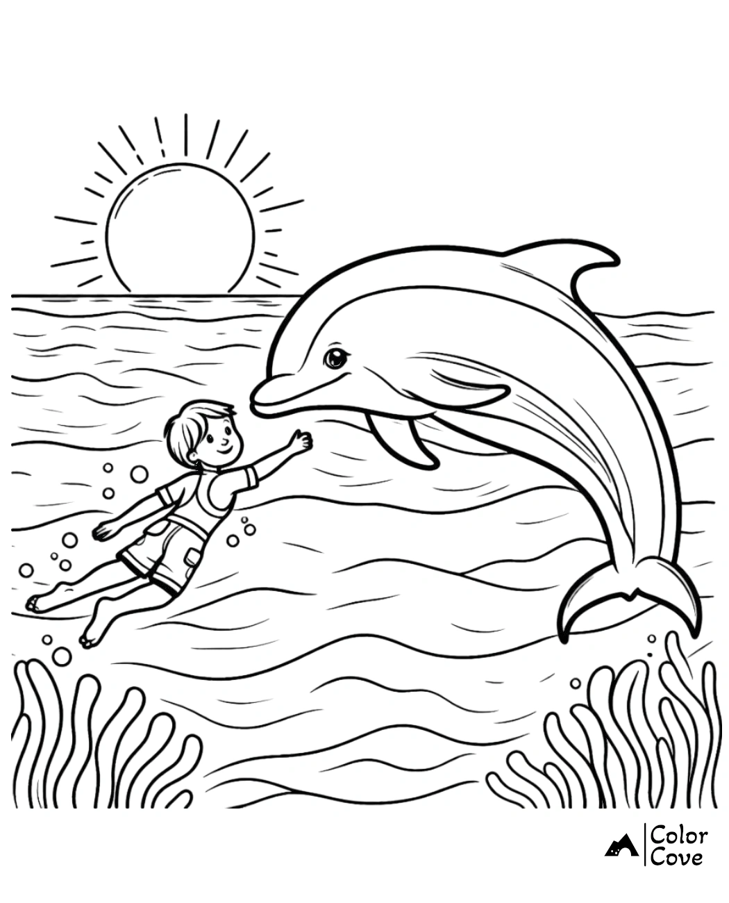 a cartoon of a boy swimming with a dolphin