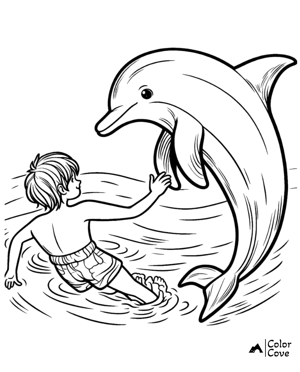 a boy in swimsuit with a dolphin