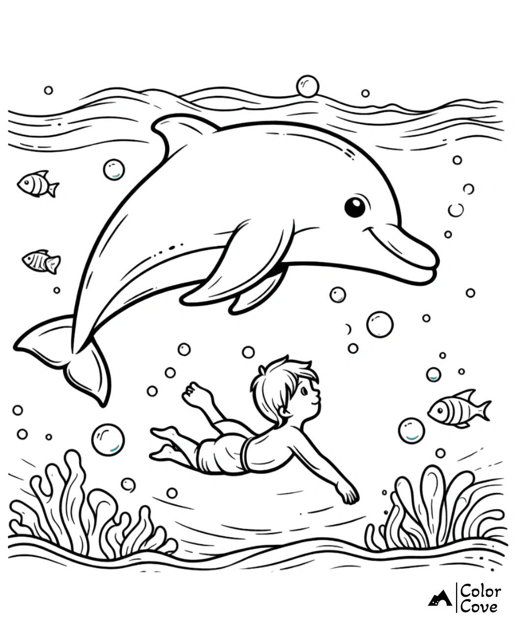 a cartoon of a dolphin swimming with a boy swimming