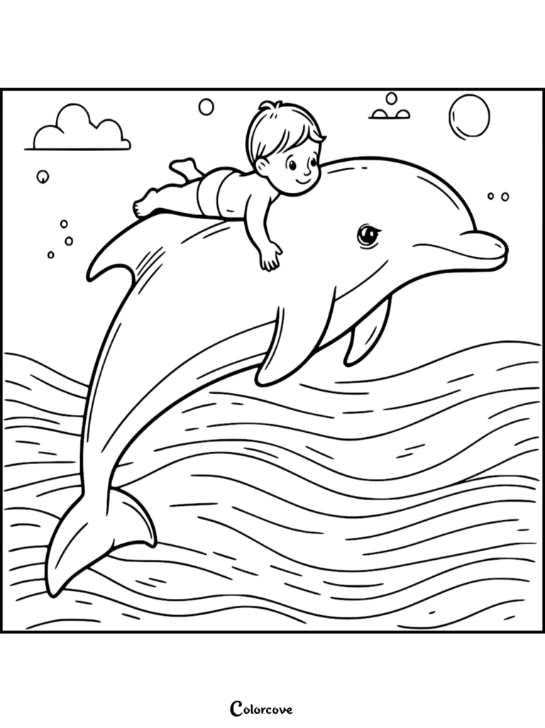 Un niño pequeño montado en la espalda de un delfín amigable en el océano, en un dibujo para colorear imprimible.