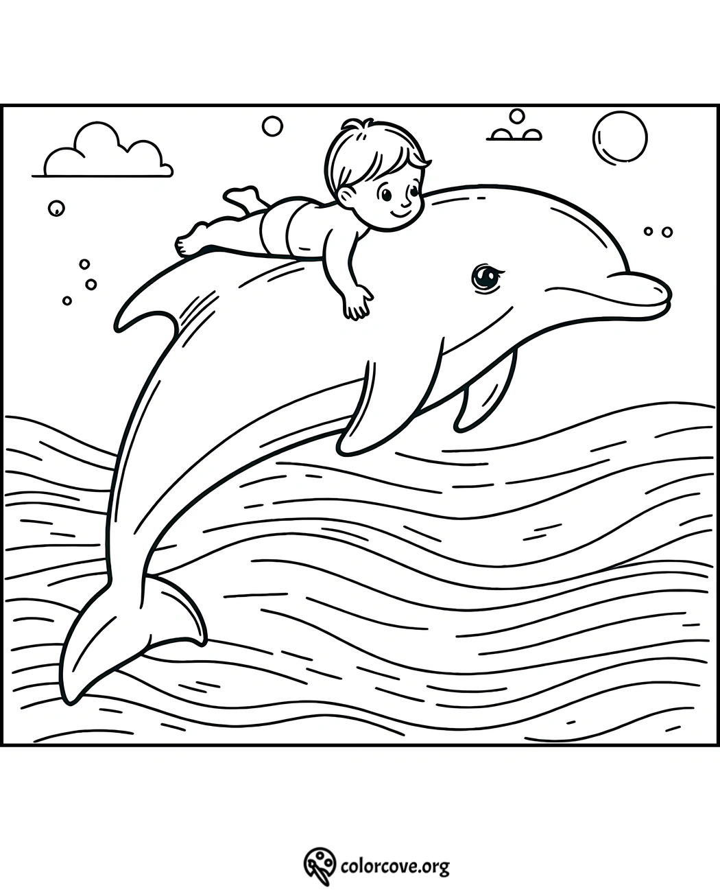 Coloring page of a happy child riding a playful dolphin in the ocean, with waves and bubbles in the background.