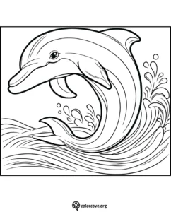 Coloring page of a playful dolphin leaping out of the ocean, creating splashes with detailed lines representing water.