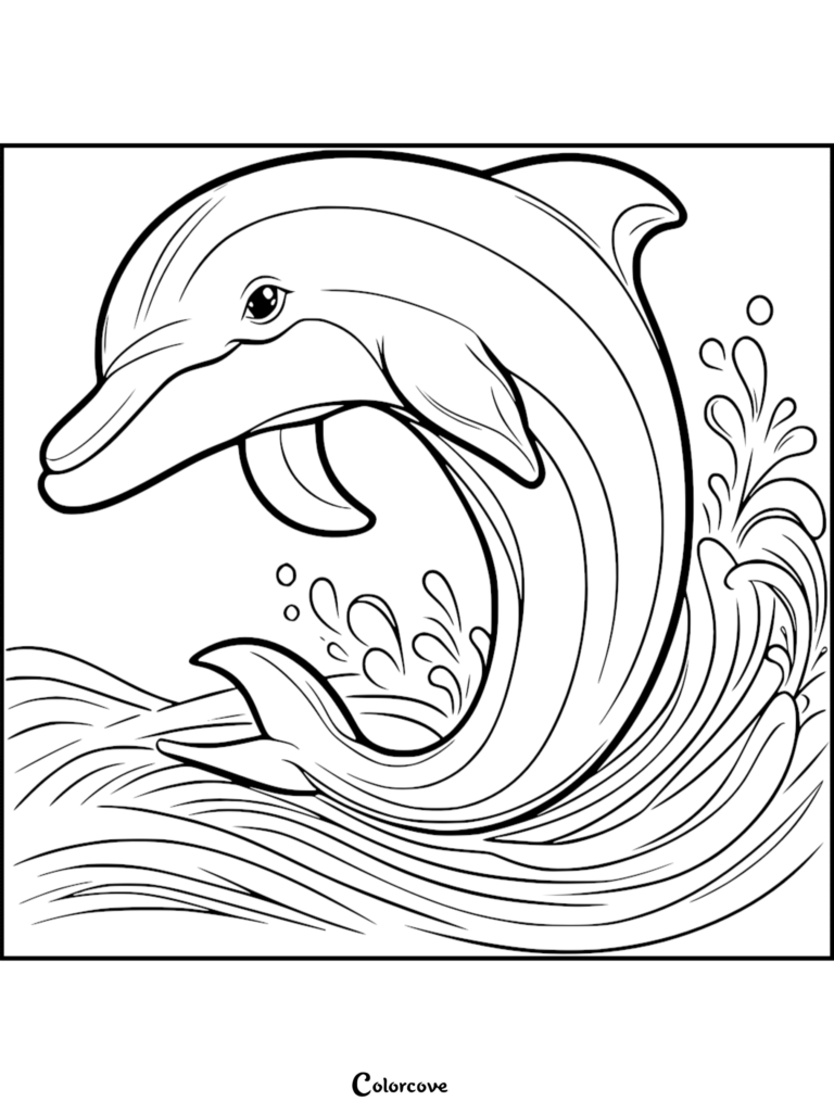 Un adorable delfín saltando fuera de las olas del océano en esta hoja de página para colorear imprimible 17.