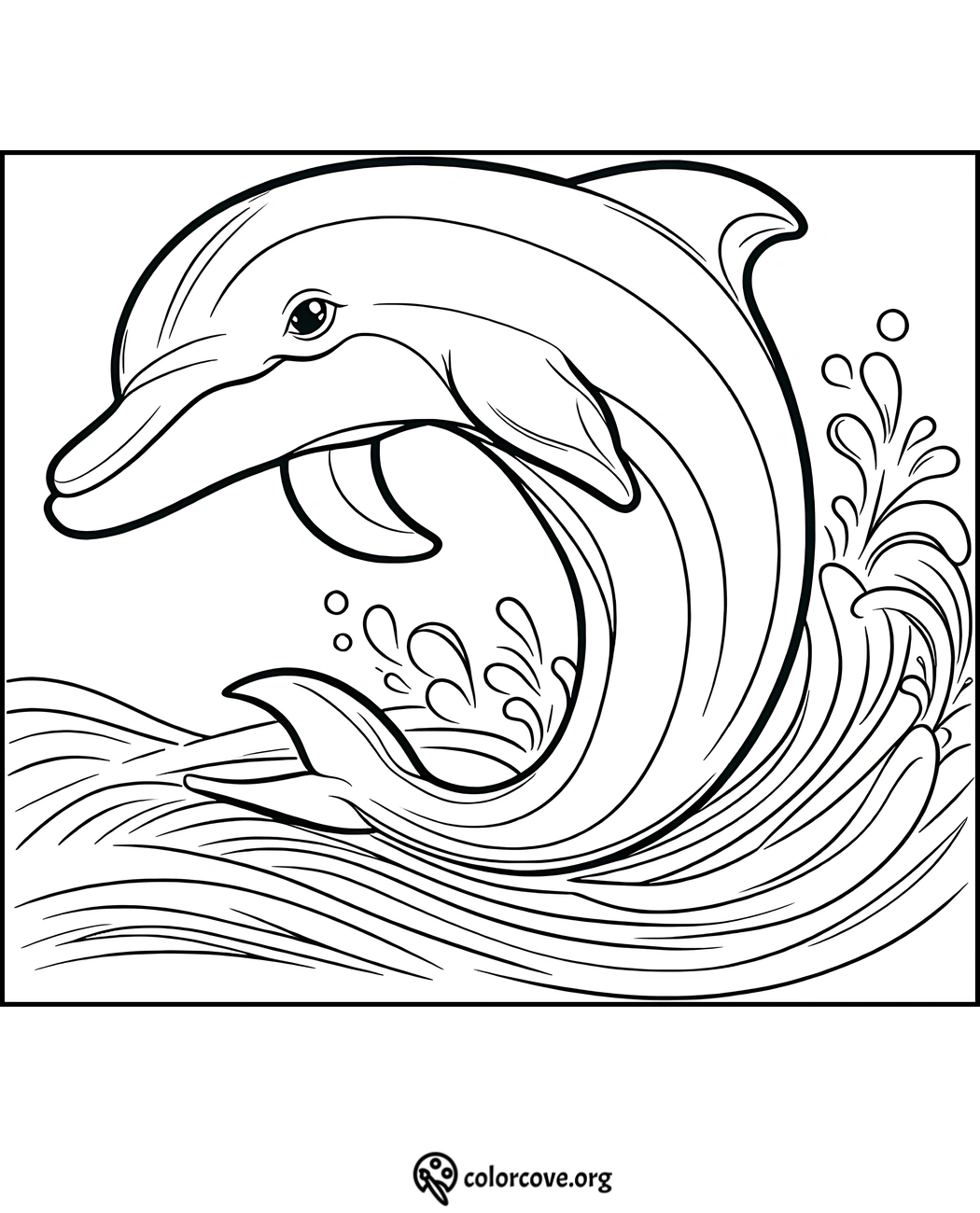 Coloring page of a playful dolphin leaping out of the ocean, creating splashes with detailed lines representing water.