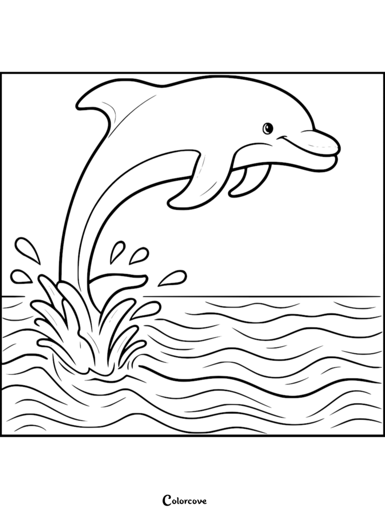 Un adorable delfín saltando fuera de las olas del océano en esta hoja de página para colorear imprimible 18.