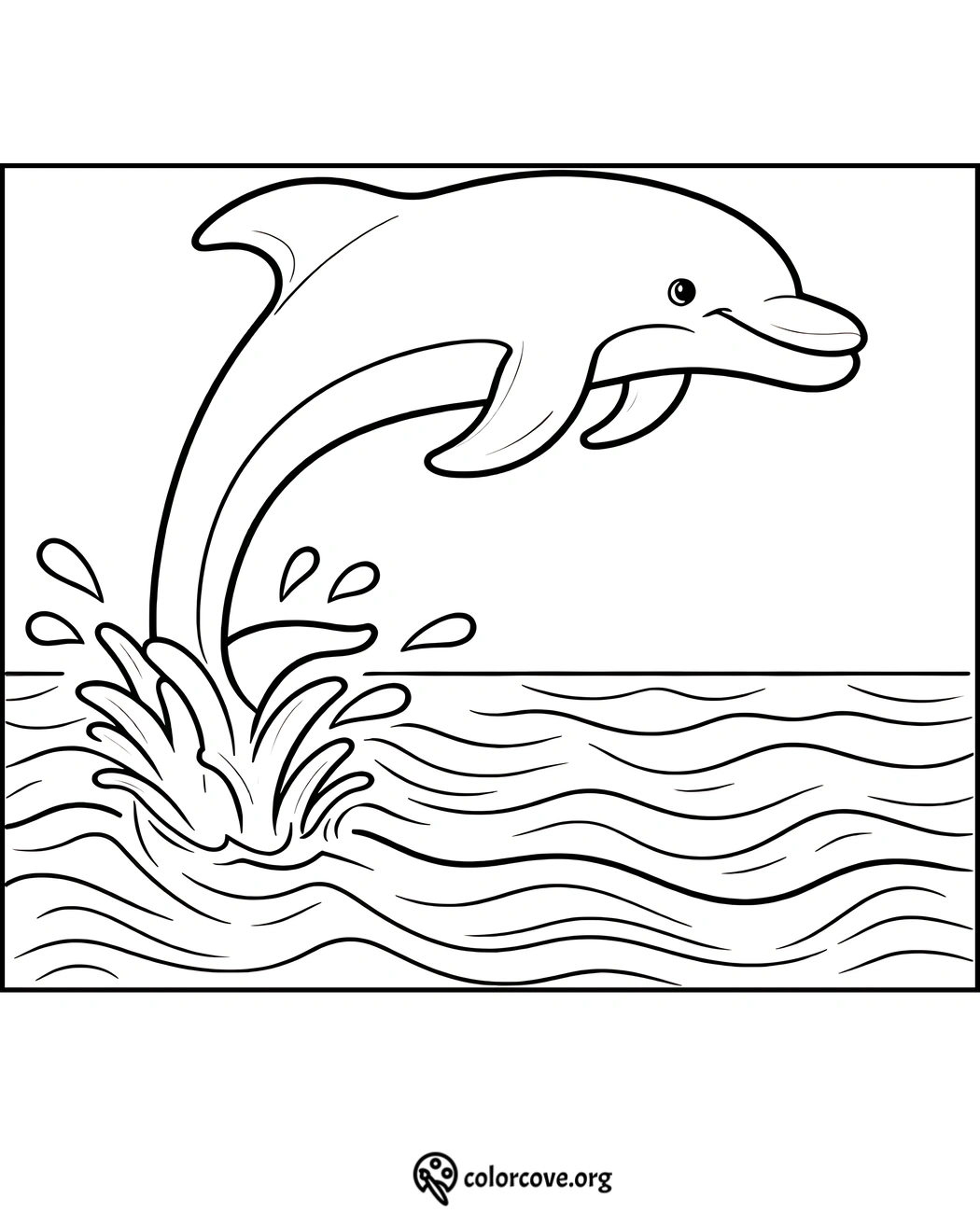 Coloring page of a dolphin jumping out of water with splashes, ideal for children’s educational activities and fun.