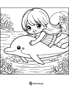 Cute coloring page of a girl riding a dolphin in the water, surrounded by flowers and a bright sun in the background.