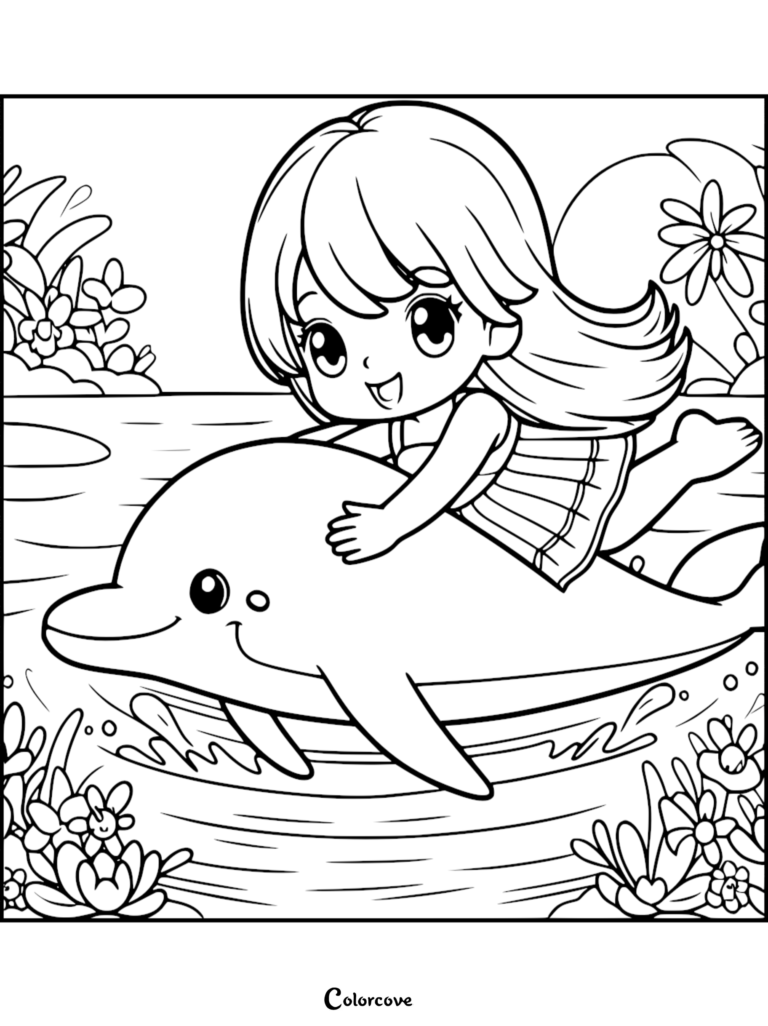 Una tierna niña montando en la espalda de un delfín amigable en un entorno tropical, en la hoja de dibujo para colorear imprimible 19.