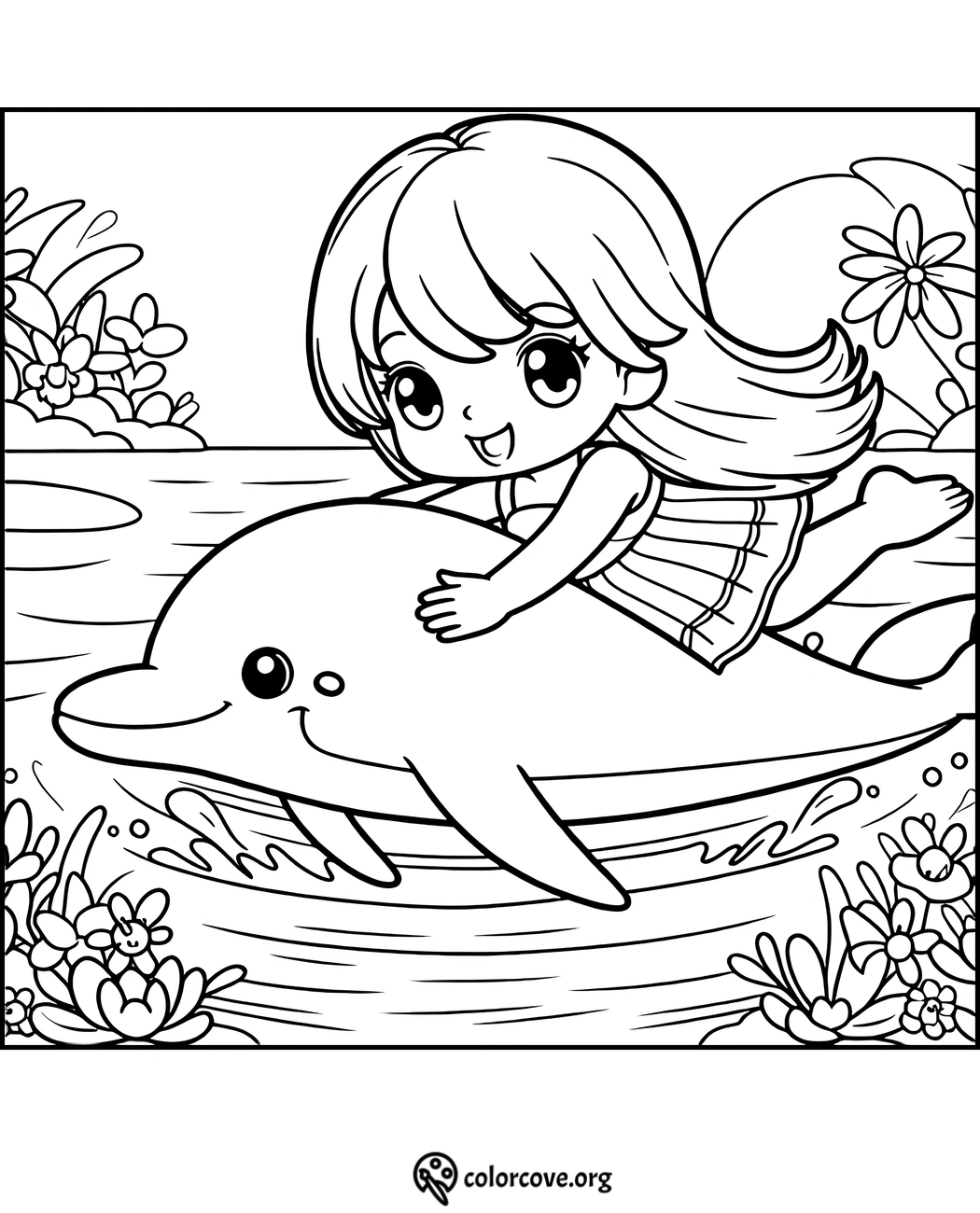 Cute coloring page of a girl riding a dolphin in the water, surrounded by flowers and a bright sun in the background.