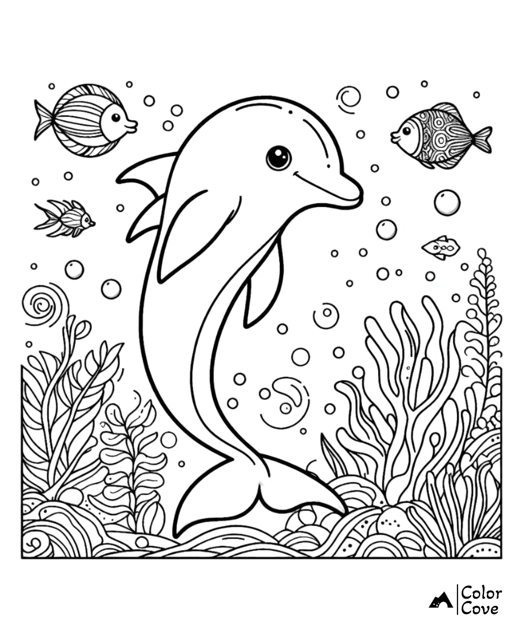 a coloring page of a dolphin and fish