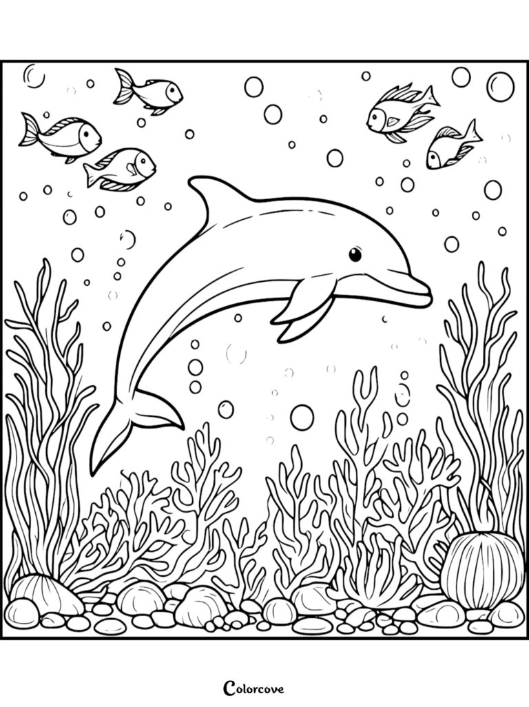 Un tierno delfín nadando entre peces pequeños, burbujas y algas en esta hoja de dibujo para colorear imprimible gratis 20.