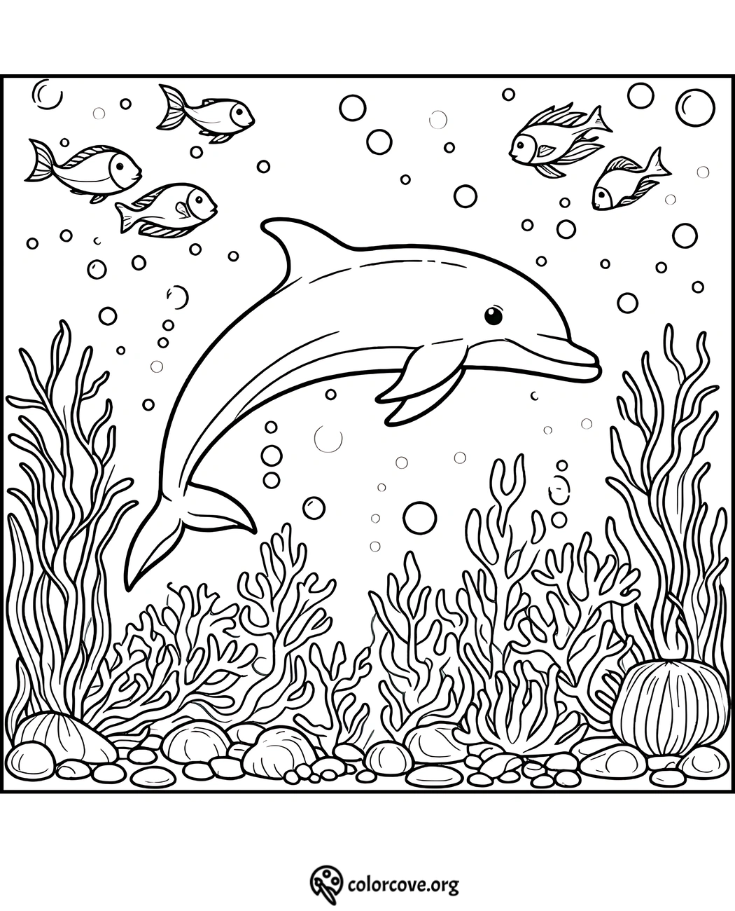 Dolphin coloring page featuring a dolphin, fishes, seaweed, and bubbles in an underwater scene at colorcove.org.