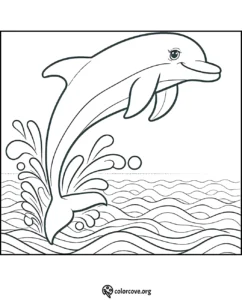 Dolphin jumping out of the water, creating splashes in this fun and engaging coloring page for kids.