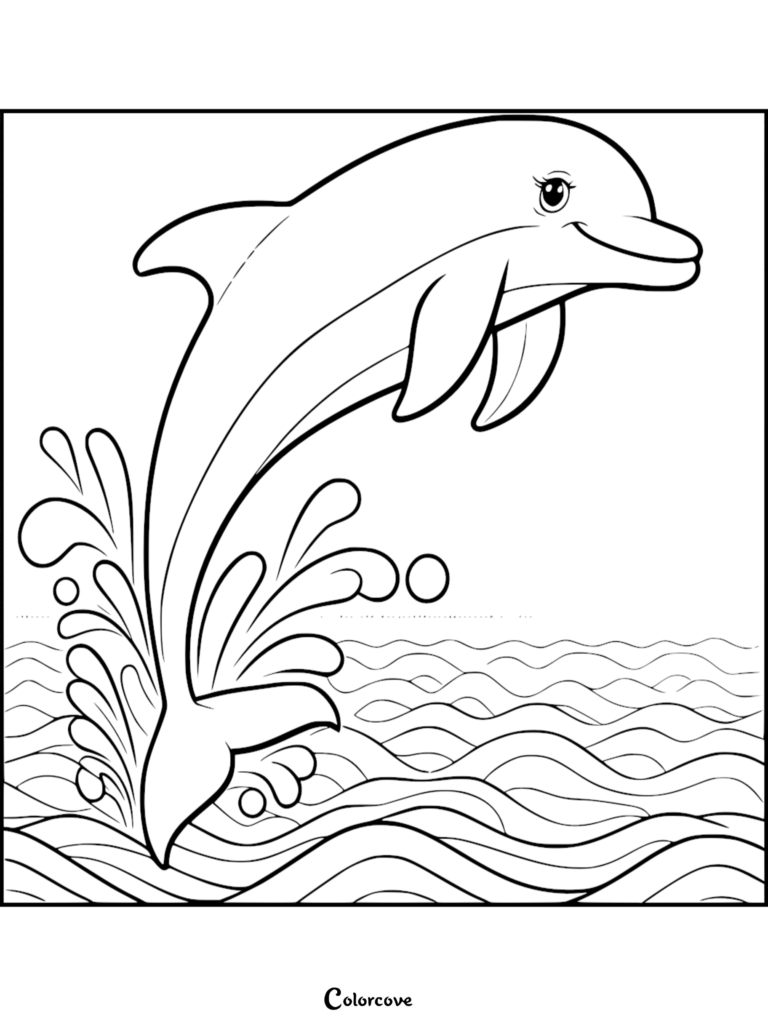 Un adorable delfín saltando fuera de aguas oceánicas con movimiento, hoja de página para colorear imprimible 21.