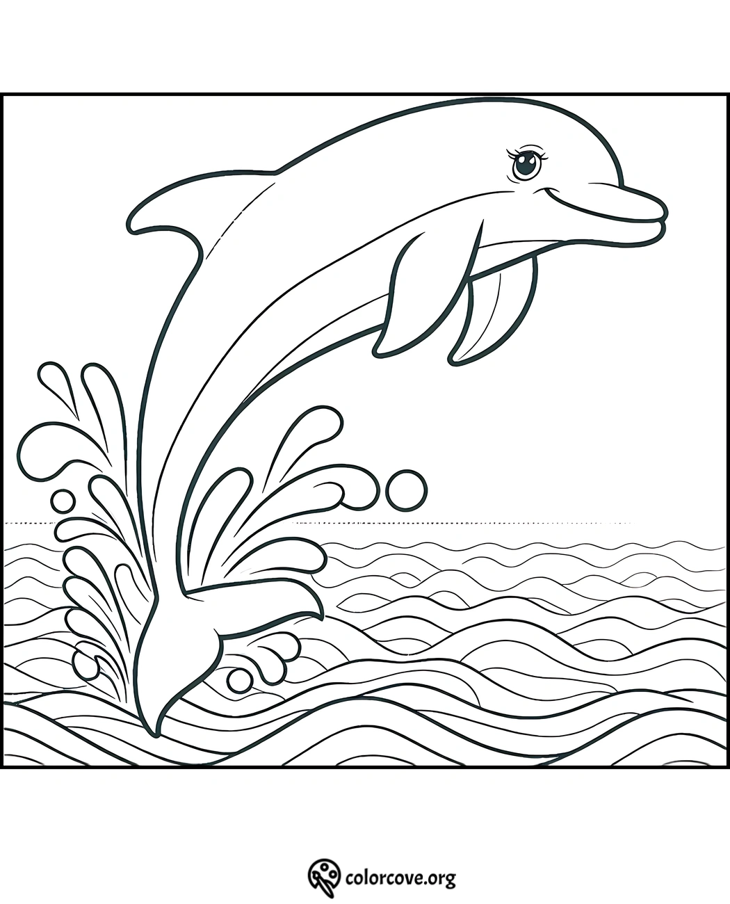 Dolphin jumping out of the water, creating splashes in this fun and engaging coloring page for kids.