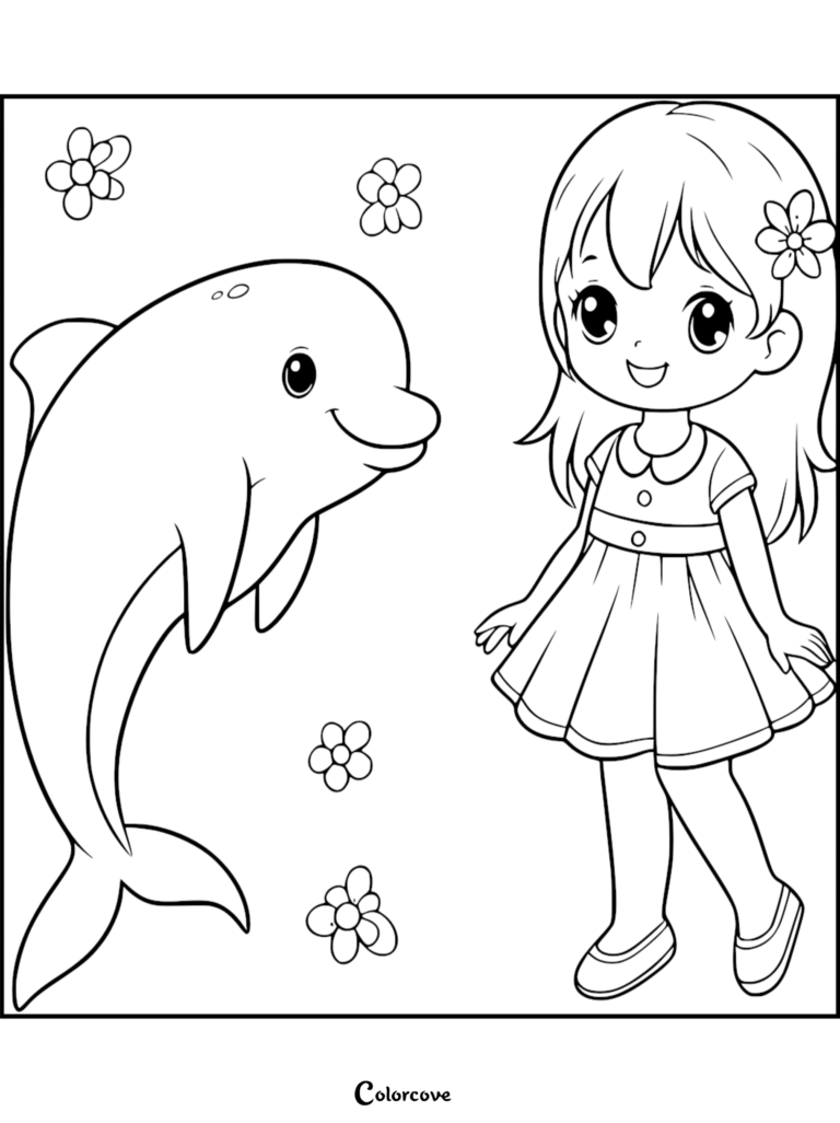 Un tierno delfín y una niña sonriente con una flor en el cabello en una hoja de dibujo para colorear imprimible 22
