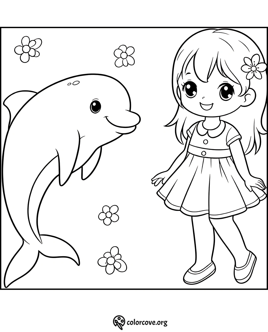 Coloring page of a smiling girl and dolphin with flowers. Perfect for kids' creative activity and ocean-themed fun.