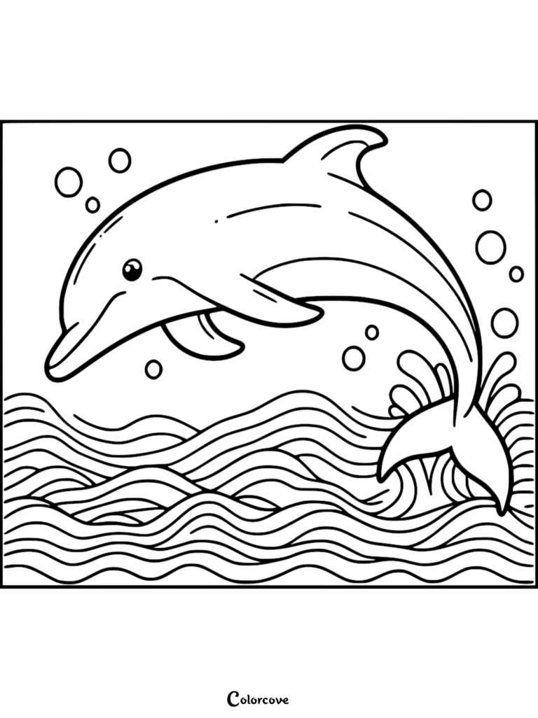 Un adorable delfín saltando fuera de aguas oceánicas con movimiento y burbujas en esta hoja de página para colorear imprimible 23.