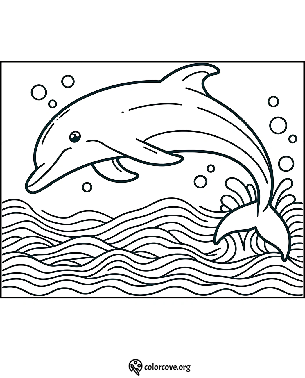 Coloring page of a playful dolphin jumping out of the ocean, surrounded by waves and bubbles.