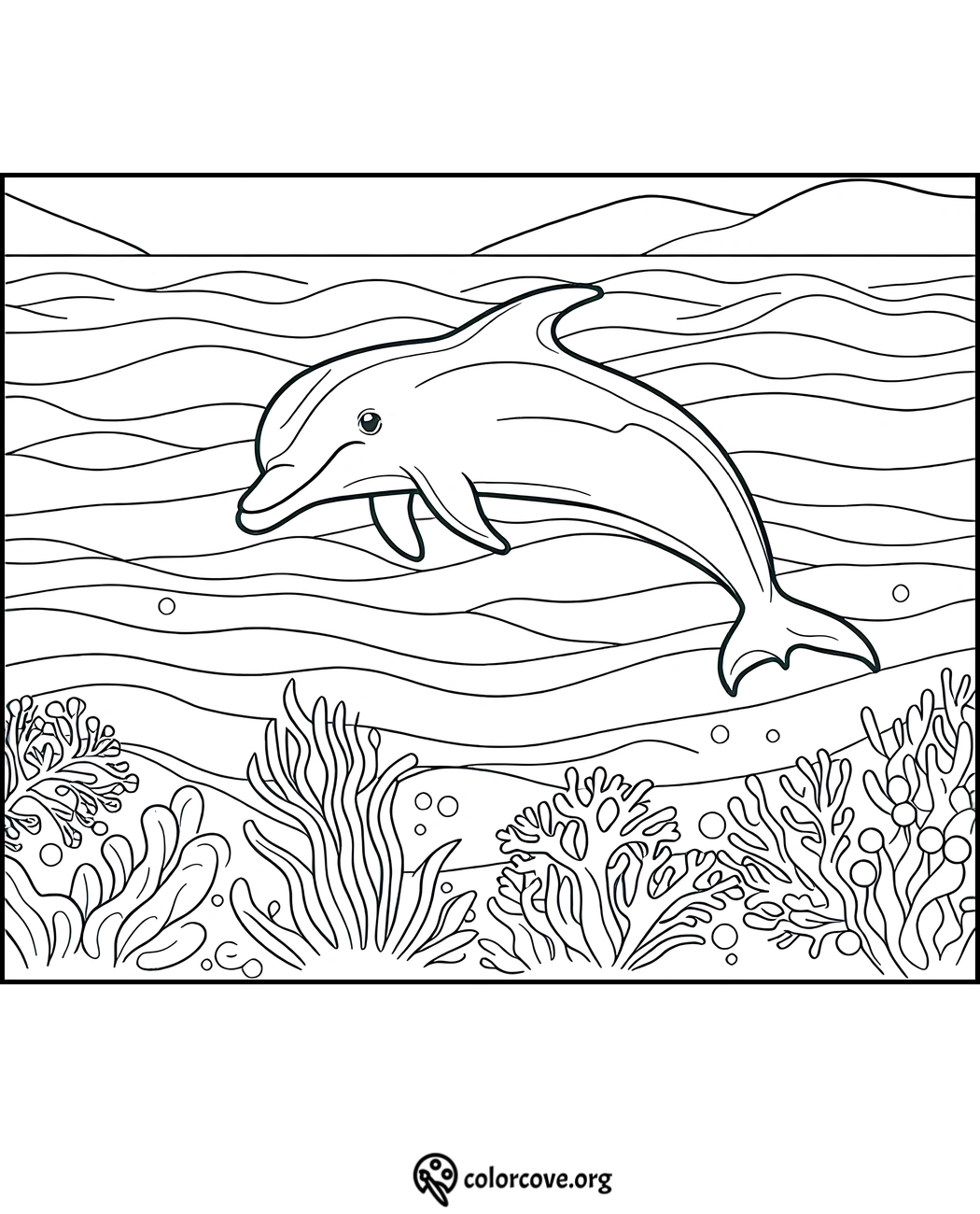 Coloring page featuring a dolphin swimming underwater among coral reefs and sea plants, perfect for kids and ocean lovers.