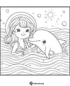 Coloring page featuring a smiling girl swimming with a dolphin under a sunny sky.
