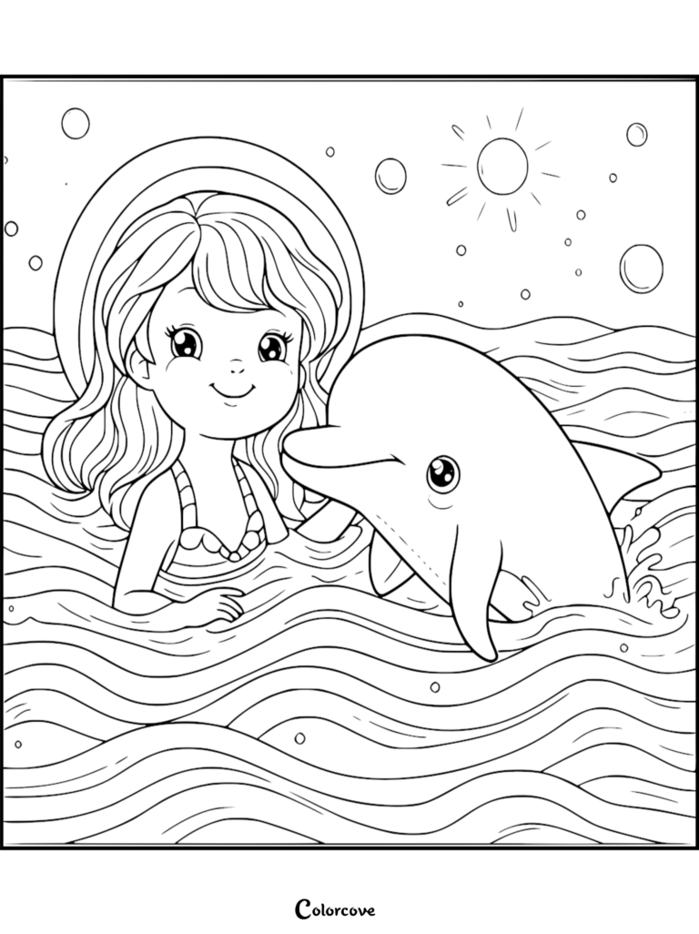Una tierna niña con sombrero para el sol nadando en el océano con un delfín amigable en este dibujo para colorear imprimible.