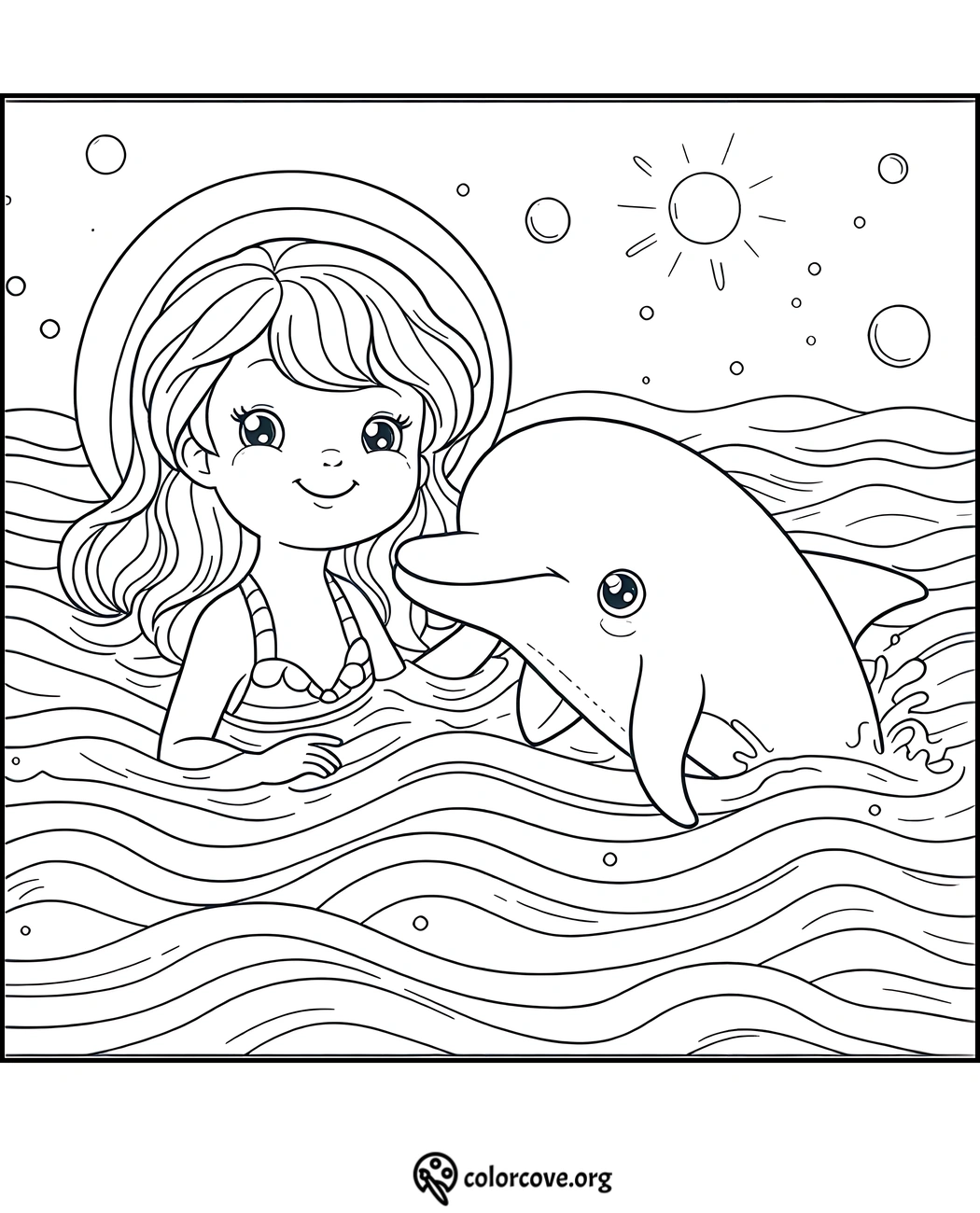 Coloring page featuring a smiling girl swimming with a dolphin under a sunny sky.