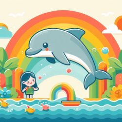 a cartoon of a dolphin jumping over water with a girl and rainbow