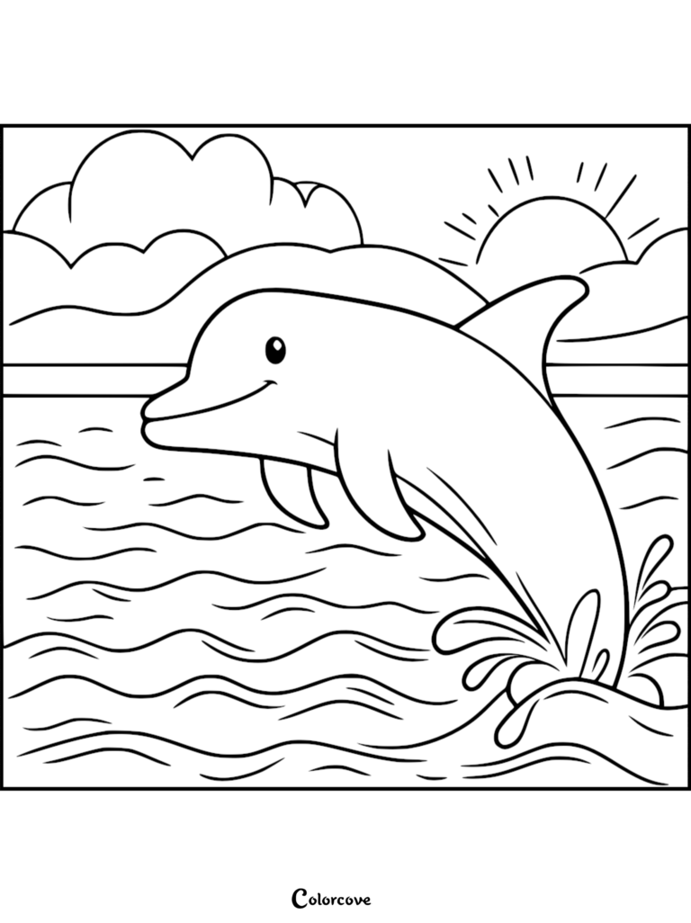 Un adorable delfín saltando fuera de las olas del océano con un sol y nubes de fondo en esta página para colorear imprimible.