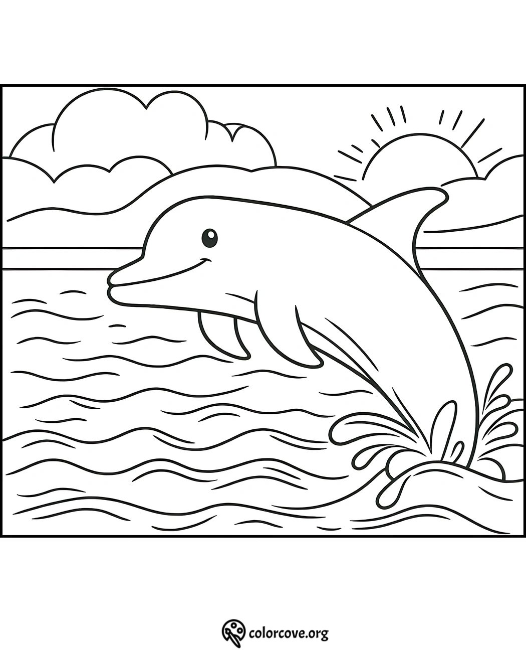 Dolphin coloring page: cheerful dolphin leaping out of the ocean, sun setting behind clouds. Fun and relaxing activity for kids.