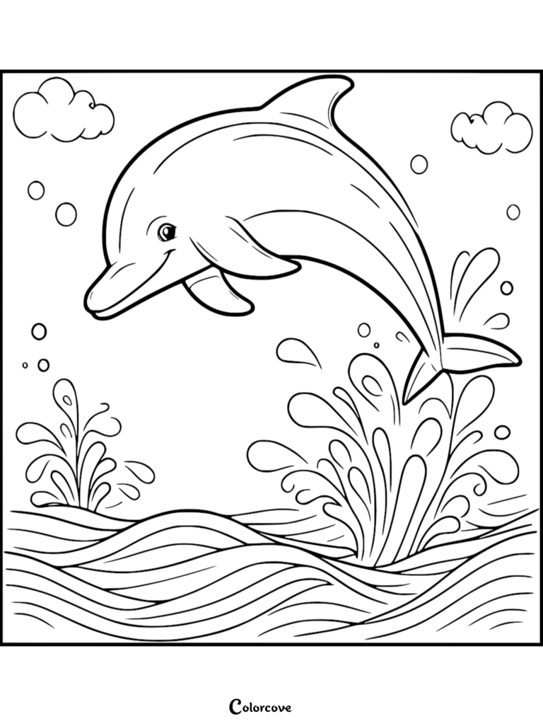 Un adorable delfín saltando fuera de las olas del océano en esta hoja de página para colorear imprimible 27 con nubes y salpicaduras de agua.
